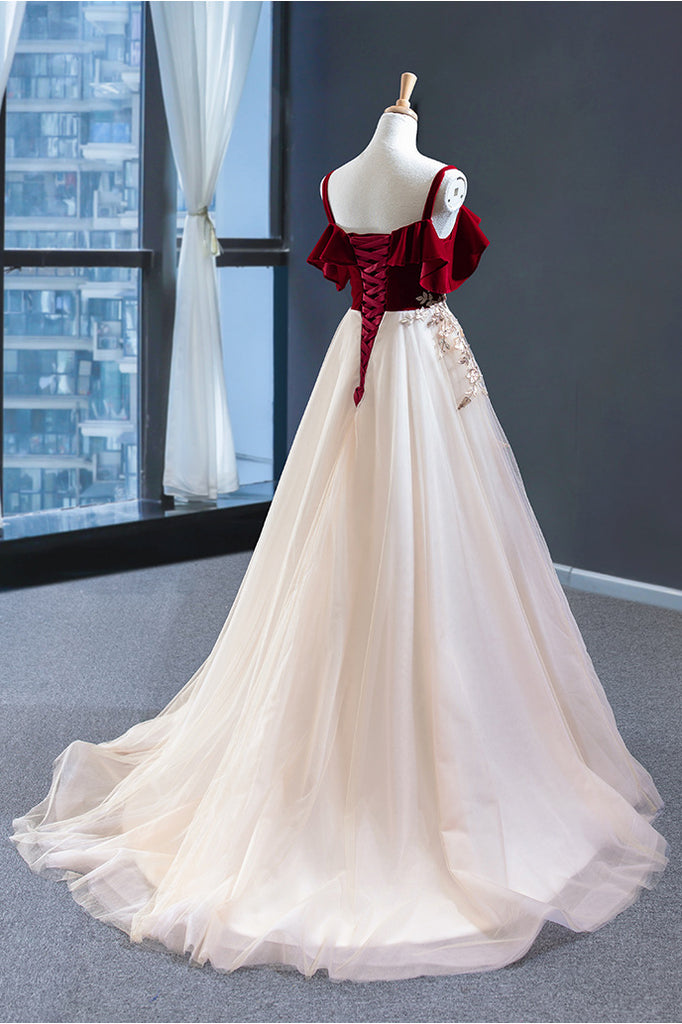 red and white formal dress Elegant Off the Shoulder A-Line Red and White Long Prom Dress