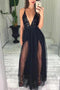 Black Sequins And Tulle Spaghetti Straps Deep V Neck Simple Long Prom Dress UQ2516