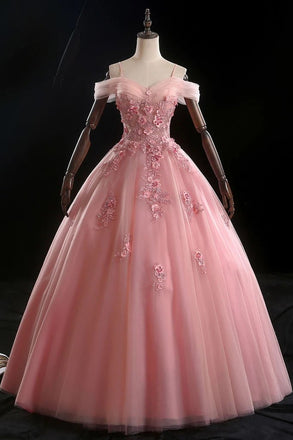 Pink Ball Gown Off Shoulder Tulle Prom Dress with Flowers, Floor Length Applique Quinceanera Dress N2411