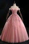 Pink Ball Gown Off Shoulder Prom Dress with Flowers, Floor Length Applique Quinceanera Dress UQ2411