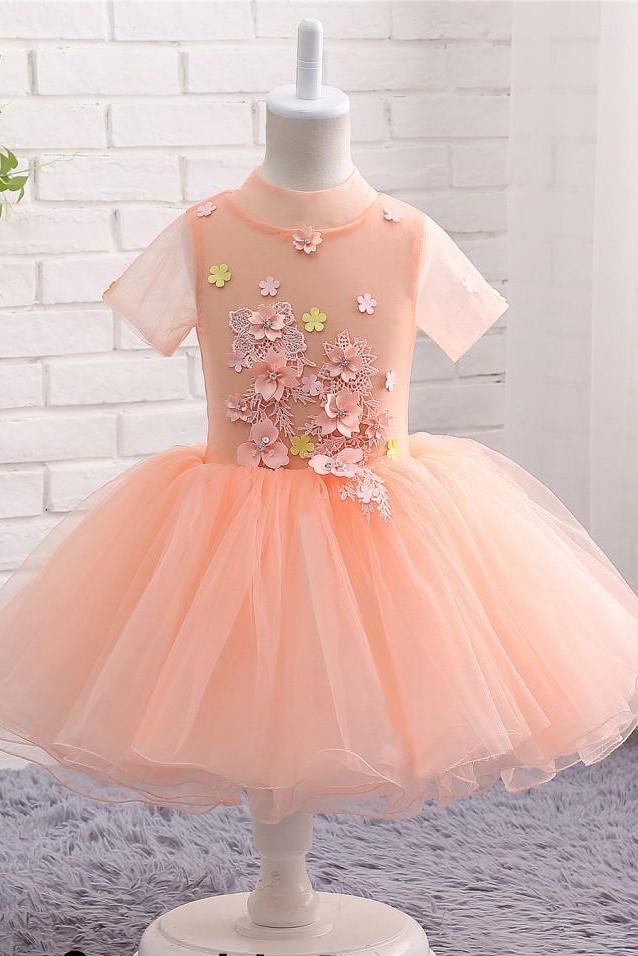 Cute Peach Short Flower Girl Dresses For Weddings High Neck Short Sleeves Dress F062
