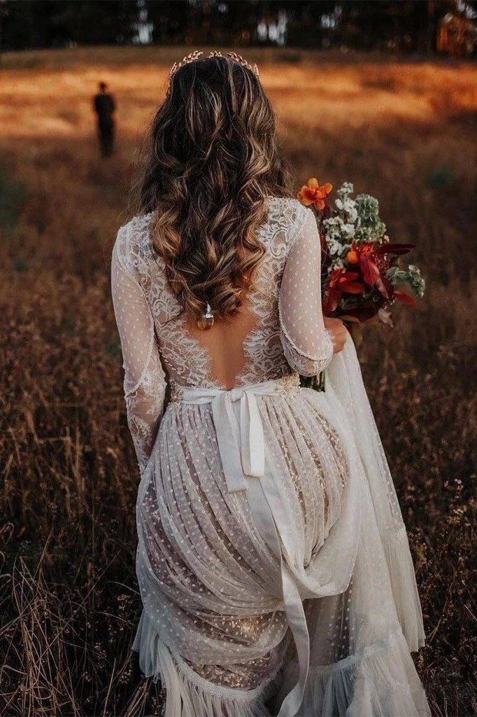 Unique Long Sleeve Boho Wedding Dresses Lace Bohemian Backless Wedding Uniquedresss Unique Long Sleeve Boho Wedding Dresses Lace Bohemian Backless Wedding Uniquedresss