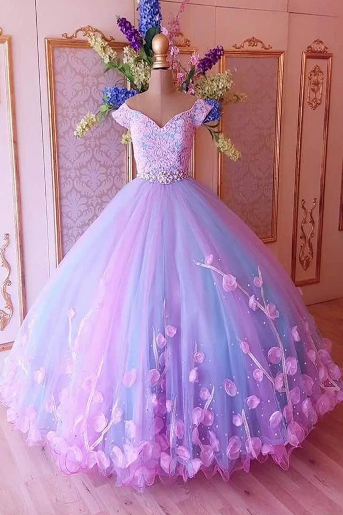 Princess Pink and Blue Ball Gown Prom Dresses with Flowers, Quinceanera Dresses UQP0173