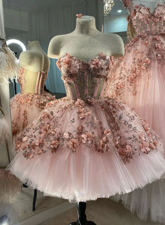 Princess Sparkly Sweetheart Homecoming Dresses with 3d Flowers, Pink Sweet 16 Dresses UQH0106