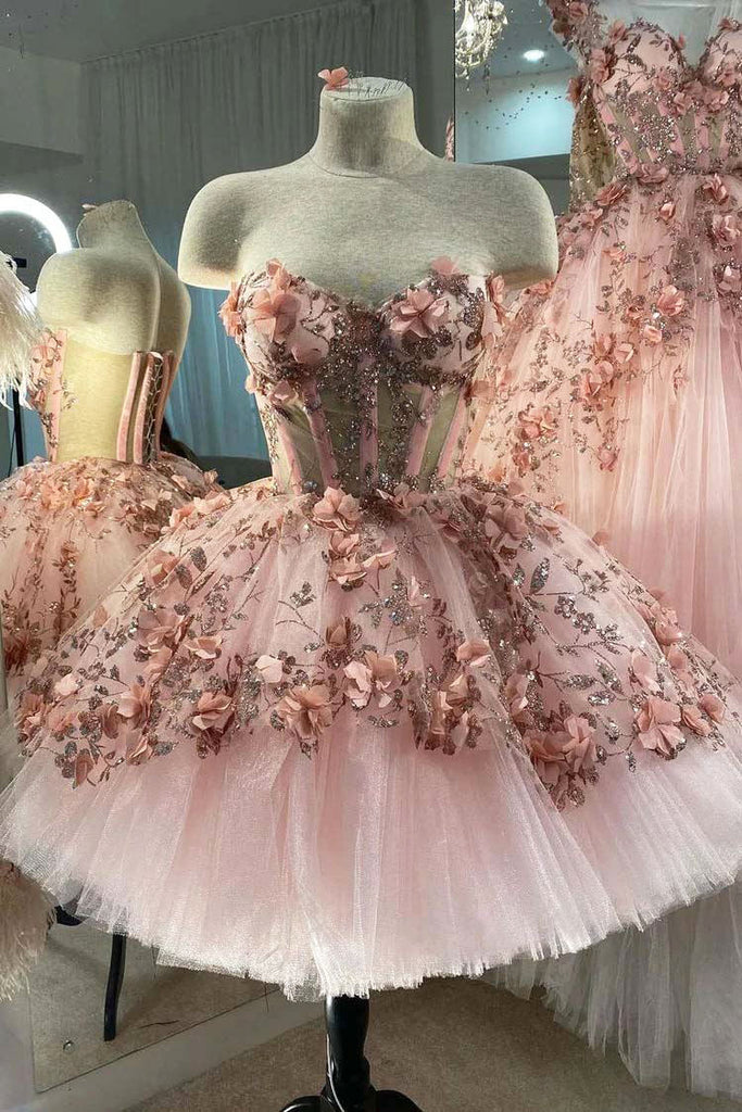 Princess Sparkly Sweetheart Homecoming Dresses with 3d Flowers, Pink S – Uniquedresss Princess Sparkly Sweetheart Homecoming Dresses with 3d Flowers, Pink S – Uniquedresss