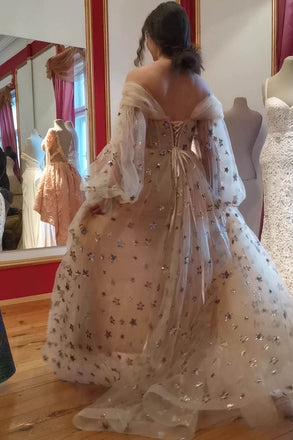 Princess Tulle Starry Prom Dress, Sparkly Off the Shoulder Stars Long Party Gown UQP0174