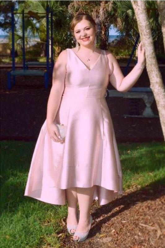 Princess V-neck Sleeveless Ruched Asymmetrical Satin Plus Size Dresses, High Low Dress N2227