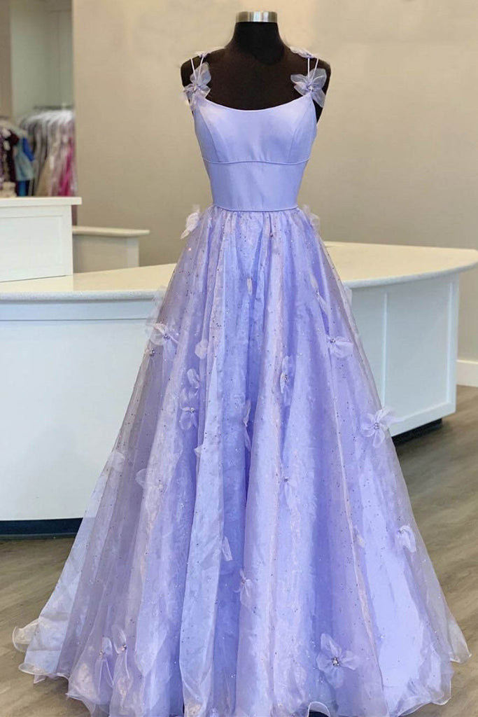 Purple Spaghetti Straps Long A line Prom Gown Handmade Flower Evening Dress UQP0079