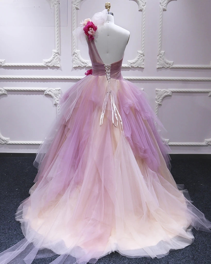 Puffy One Shoulder Sleeveless Tulle Prom Dress with Flowers, Ruffles Quinceanera Dress UQP0023