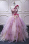 Puffy One Shoulder Sleeveless Tulle Prom Dress with Flowers, Ruffles Quinceanera Dress UQP0023