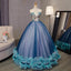 Blue Ball Gown V Neck Sleeveless Appliqued Tulle Prom Dress, Hot Quinceanera Dresses UQ2538