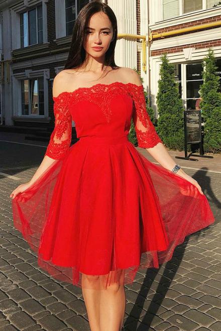 Red Off the Shoulder Knee Length Tulle Homecoming Dresses with Lace UQ1887