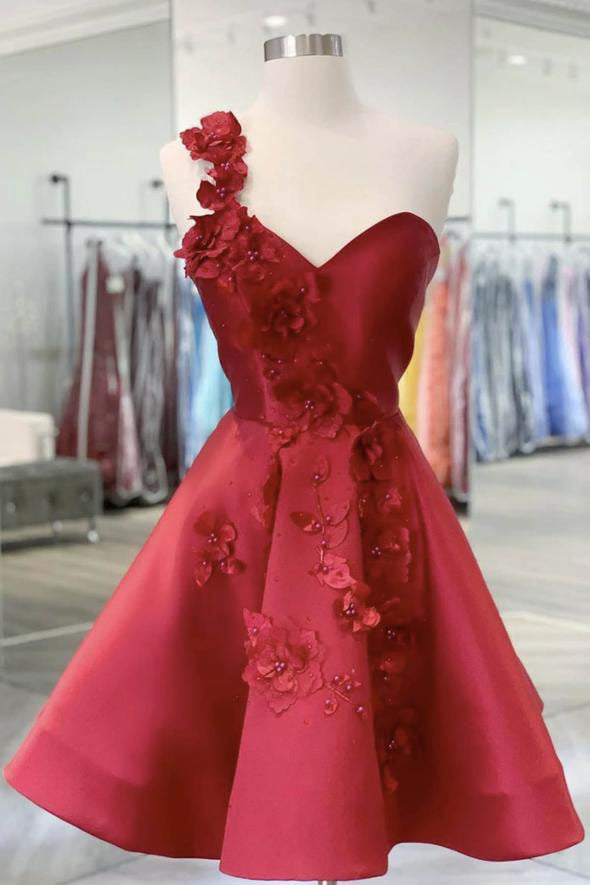 Red One Shoulder Short Homecoming Dress with Flowers, A Line Dance Dress UQH0095