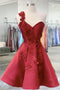 Red One Shoulder Short Homecoming Dress with Flowers, A Line Dance Dress UQH0095
