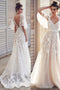 Ivory V Neck Beach Wedding Dresses with Lace Appliques, Romantic Backless Bridal Dresses UQ2372