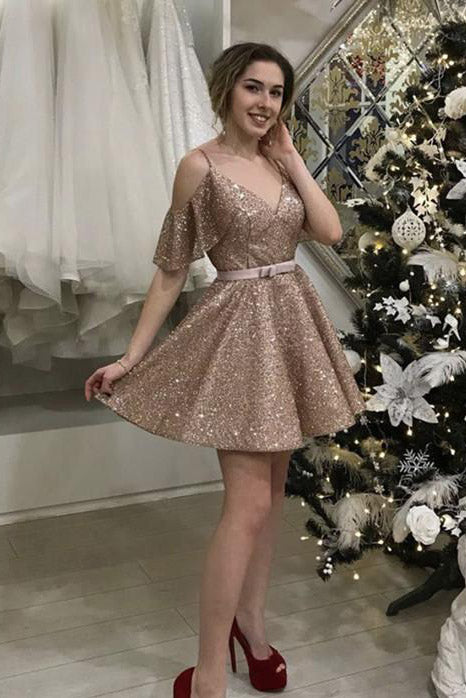 Shiny Rose Gold V Neck Short Sequin Homecoming Dress with Belt UQH0058