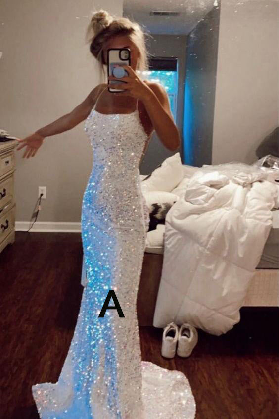 Shiny Spaghetti Straps Mermaid White Sequin Prom Evening Dress Gown for Women UQP0051