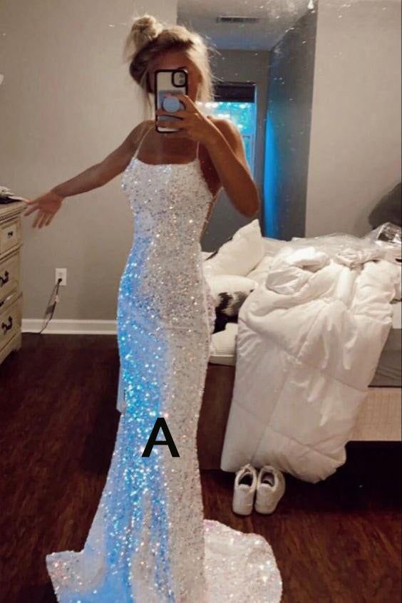 Shiny Spaghetti Straps Mermaid White Sequin Prom Evening Dress Gown fo Uniquedresss Shiny Spaghetti Straps Mermaid White Sequin Prom Evening Dress Gown fo Uniquedresss