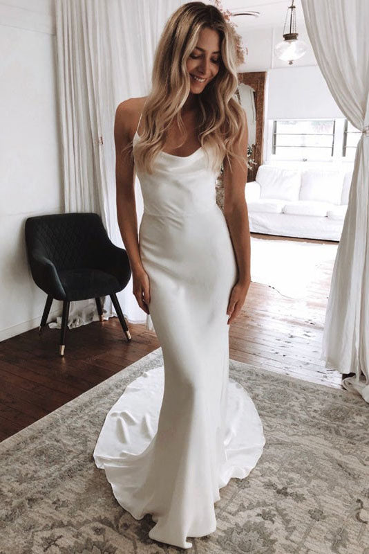 Simple Spaghetti Straps Satin Mermaid Beach Wedding Dress, Bridal Gown UQW0050