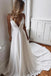 Simple A-line Ivory Satin V-neck Spaghetti Straps Sweep Train Wedding Dress UQW0030
