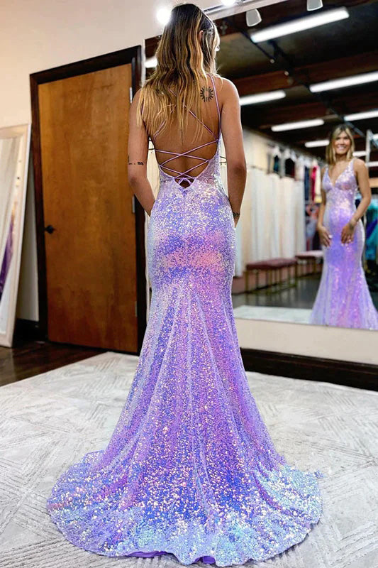 Lavender V Neck Mermaid Prom Dress, Sparkly Sequined Long Evening Gown UQP0206