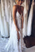 Ivory Spaghetti Strap Lace Open Back Side Split Long Beach Wedding Dresses UQW0031