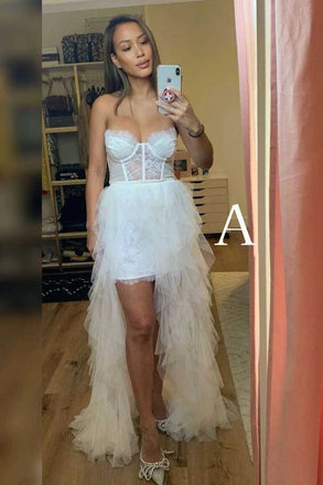 White High Low Sweetheart Tulle Prom Dress with Lace, Unique Formal Gown UQP0131