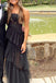 New Arrival A-line Tiered Tulle Black Prom Dress, Spaghetti Straps Long Evening Dress UQP0168