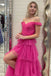 Shiny Tulle Tiered Prom Dress with Slit, Off Shoulder Formal Evening Dresses UQP0159