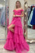 Shiny Tulle Tiered Prom Dress with Slit, Off Shoulder Formal Evening Dresses UQP0159