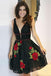 Black Deep V Neck Lace Junior Homecoming Dresses with Flowers, Lace Black Dress UQ1868