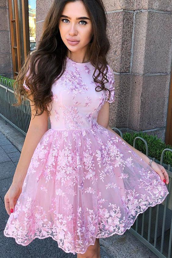 A Line Short Sleeves Short Pink Homecoming Dresses with Lace Appliques UQ1863