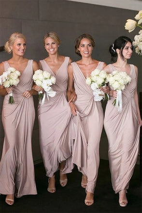 Simple Dusty Pink V-neck Long Bridesmaid Dresses, Maid of Honer Dress UQB0013