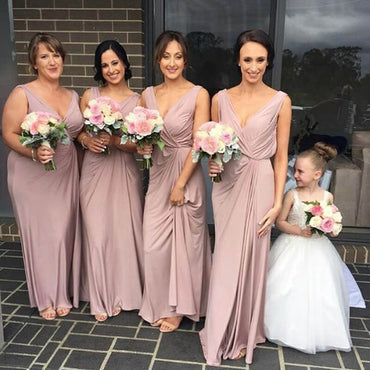 Simple Dusty Pink V-neck Long Bridesmaid Dresses, Maid of Honer Dress UQB0013