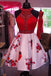Red Beaded Halter Short Floral Print Homecoming Dresses, Sleeveless Cocktail Dresses UQ1990