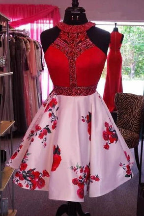 Red Beaded Halter Short Floral Print Homecoming Dresses, Sleeveless Cocktail Dresses N1990