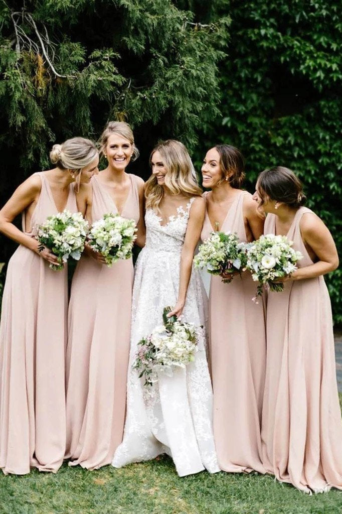 Simple V Neck Light Pink Bridesmaid Dresses Long Chiffon Maxi Dress UQ Uniquedresss Simple V Neck Light Pink Bridesmaid Dresses Long Chiffon Maxi Dress UQ Uniquedresss
