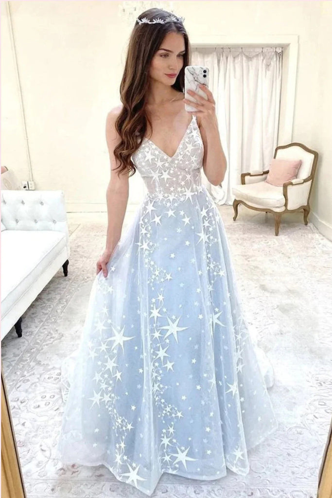 Spaghetti Straps V Neck Floor Length Tulle Long Prom Dress with Star UQP0198