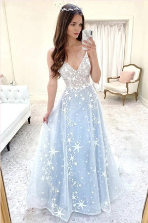 Spaghetti Straps V Neck Floor Length Tulle Long Prom Dress with Star UQP0198
