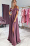Spaghetti Straps Long Bridesmaid Dress with Slit, Off the Shoulder Prom Dress UQB0027