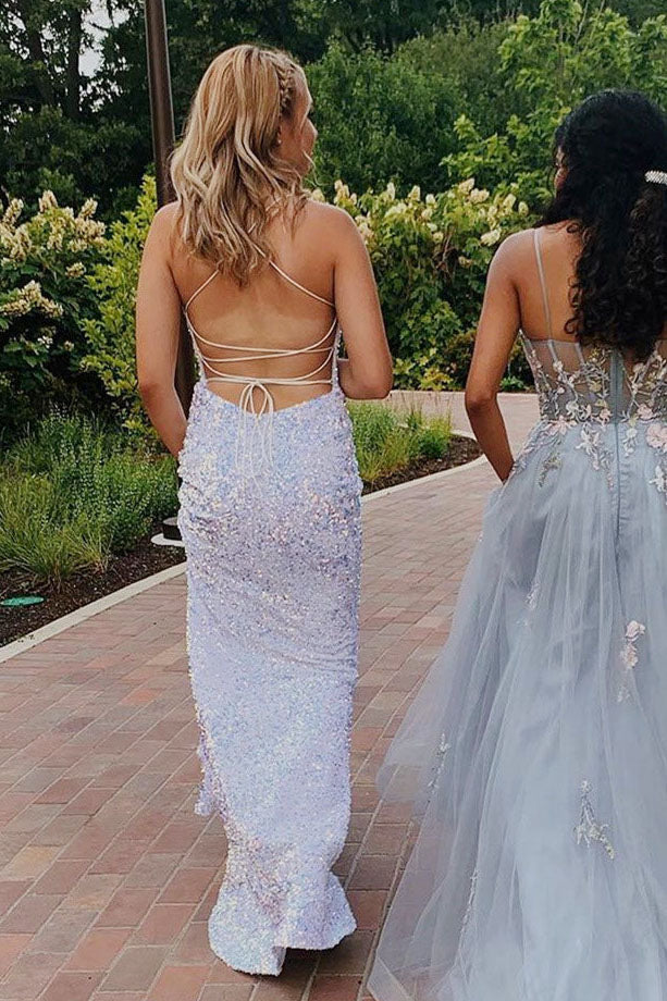 Spaghetti Straps White Sequined Mermaid Prom Dress, Formal Gown UQP0129