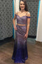 Spaghetti Straps Long Ombre Purple Sequined Prom Dresses, Two Piece Formal Dress UQ1695