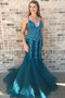 Spaghetti Straps Sweep Train Tulle Prom Dress with Beading, Mermaid Dark Green Formal Dress UQ2563