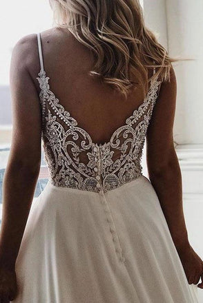 Simple Spaghetti Strap Chiffon Beach Wedding Dress with Beading Back UQ2433