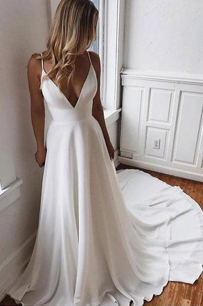 Simple Spaghetti Strap Chiffon Beach Wedding Dress with Beading Back N2433