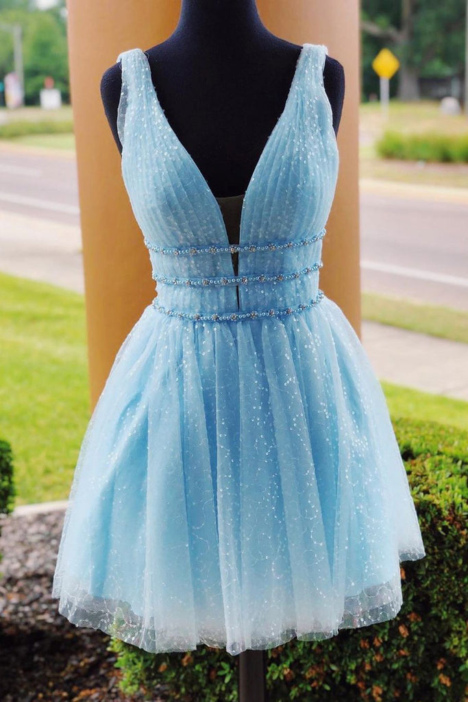 Shiny Beading Sky Blue Homecoming Dress with Sequins, Deep V Neck Graduation Dress N1927
