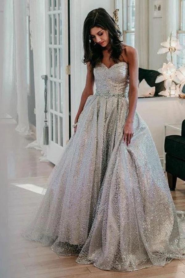 Shiny Cheap Sweetheart Silver Prom Dresses, Floor Length Strapless Long Evening Dress N2407
