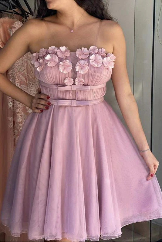 A Line Strapless Tulle Short Homecoming Dress with Flowers, Unique Short Prom Gown UQH0104