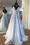 A Line V Neck Straps Lace Appliques Long Prom Dress, Tulle Formal Dresses UQ2575