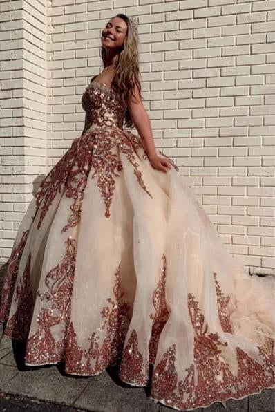 Ball Gown Sweetheart Prom Dress with Appliques, Gorgeous Puffy Party Dresses UQ2445